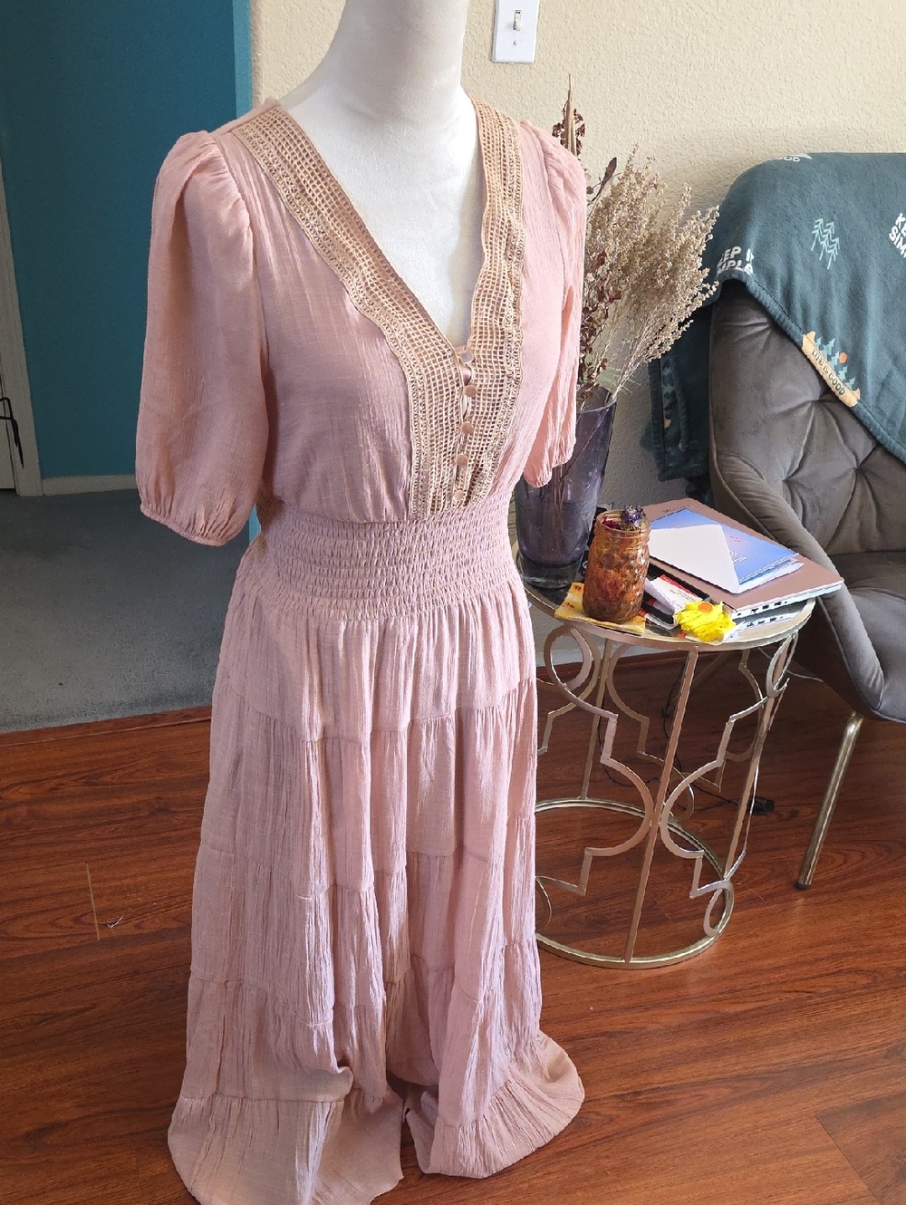 Women's Blush Pink Crochet-Trim Maxi Dress with Smocked Waist